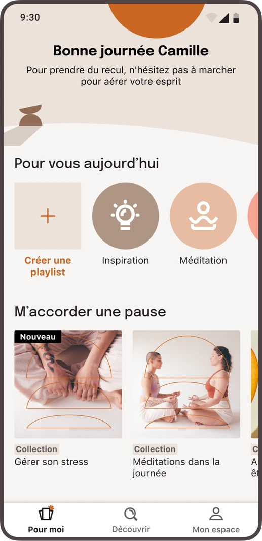 Dans l'app Zen by Deezer, retrouvez dans votre onglet "Pour moi" du contenu personnalisé selon vos objectifs.