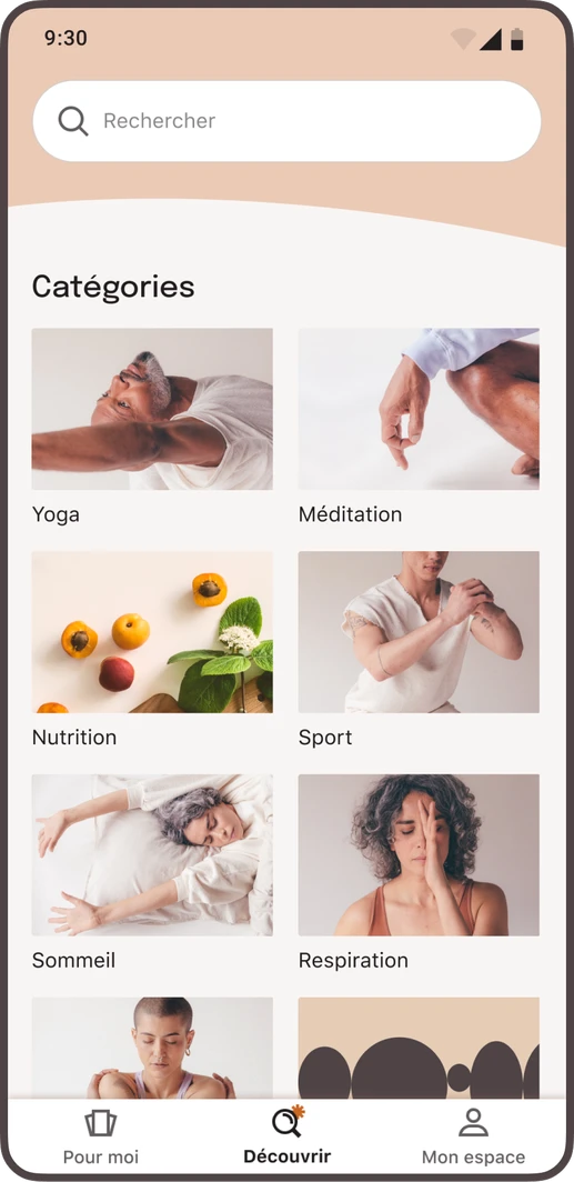 Dans l'app Zen by Deezer, cherchez grâce à l'onglet "Recherche" n'importe quel contenu et créez votre routine bien-être.