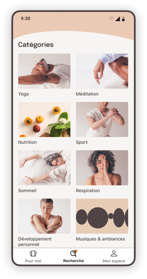 Dans l'app Zen by Deezer, cherchez grâce à l'onglet "Recherche" n'importe quel contenu et créez votre routine bien-être.
